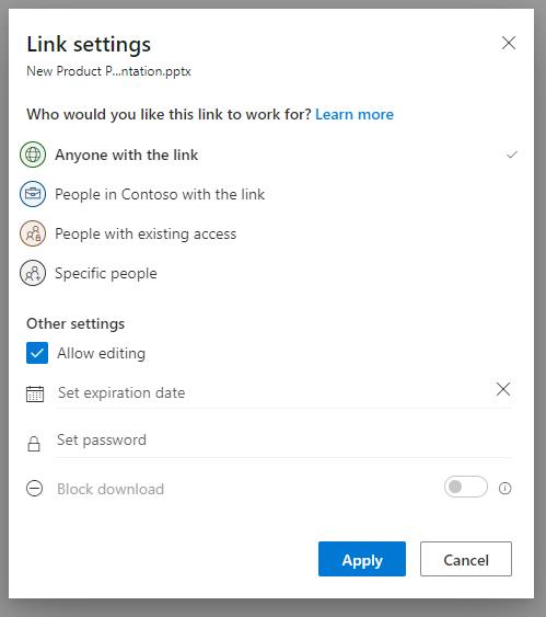 Captură de ecran a ferestrei pop-up Partajare în OneDrive.