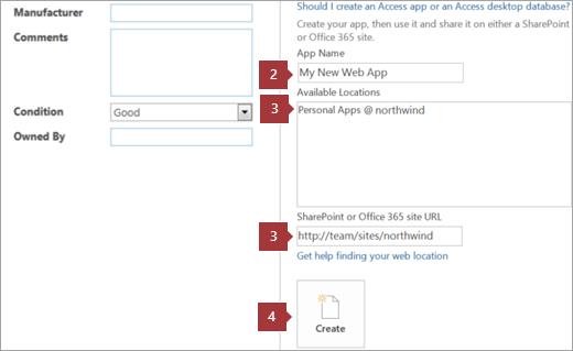 Màn hình tạo ứng dụng web Access mới