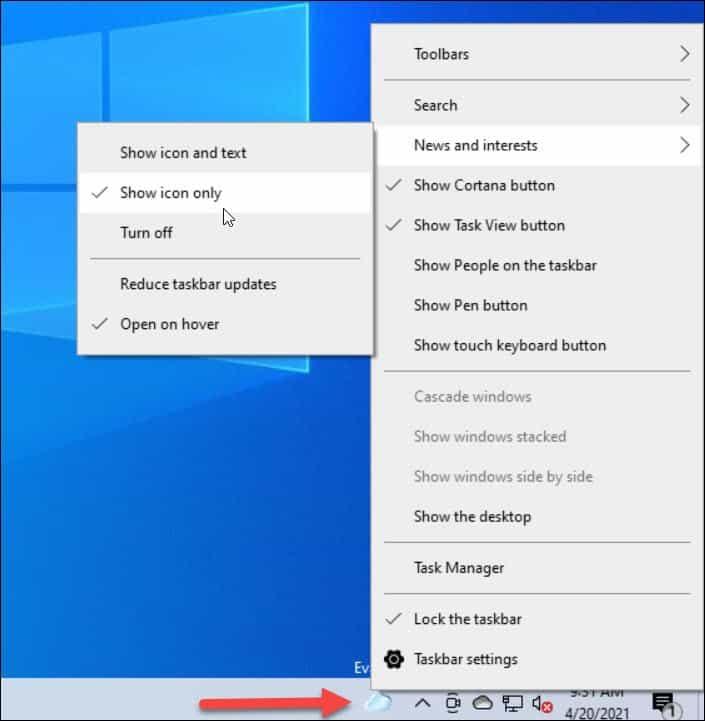 Как отключить виджет новостей и интересов на панели задач Windows 10