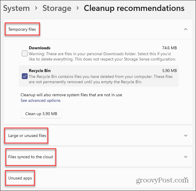 Освободите место на диске в Windows 11 с помощью рекомендаций по очистке