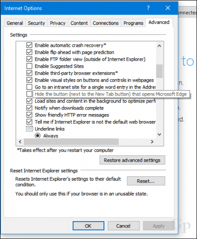 ซ่อนปุ่ม Microsoft Edge Tab ใน Internet Explorer บน Windows 10