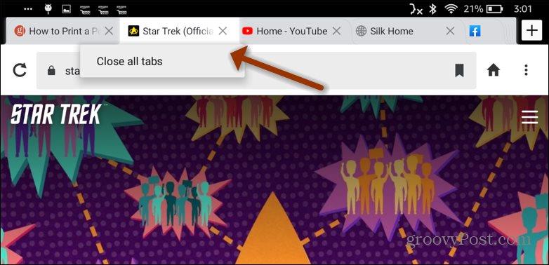 Kindle Fire: ปิดแท็บเบราว์เซอร์ Silk ที่เปิดอยู่ทั้งหมด