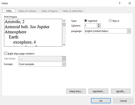 En Word 2016, marcar entradas de índice con un archivo de concordancia