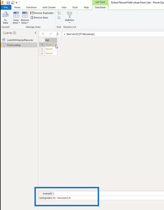 Tutorial do Editor do Power Query: extrair valores de campo de registro de listas