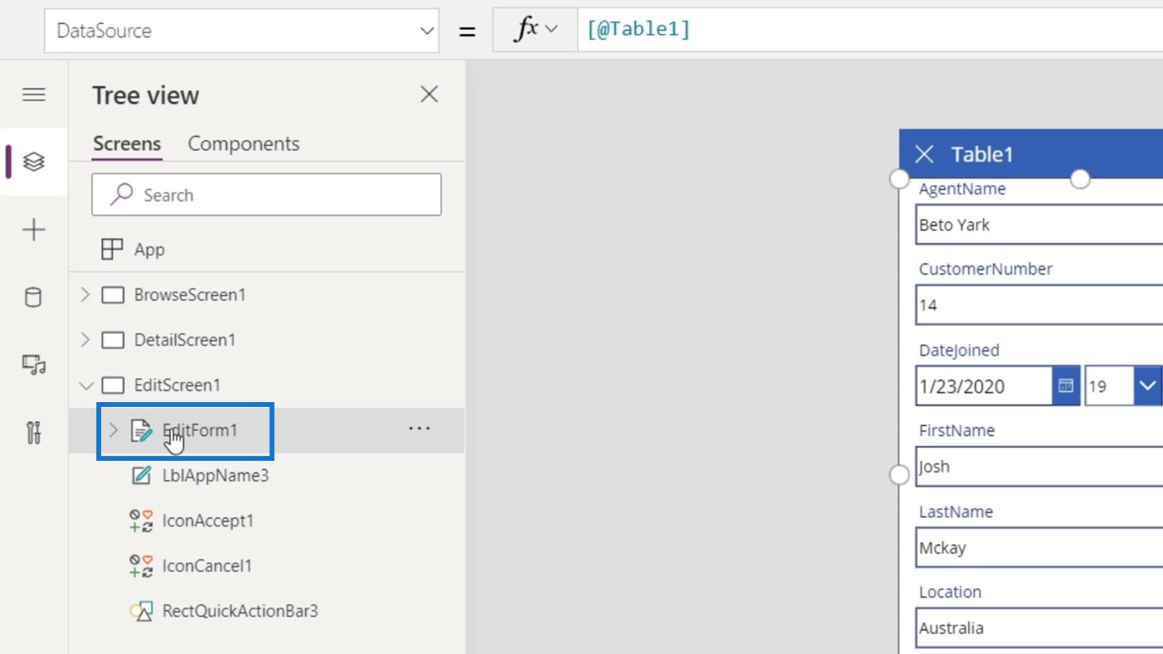 PowerApps 画面: 編集と更新