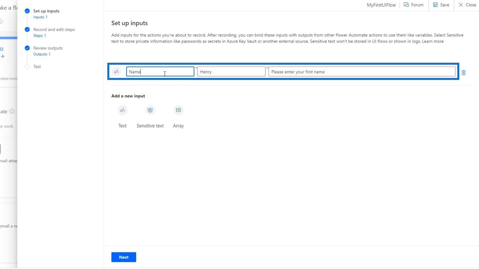 Microsoft Power Automate 中的 UI 流輸入