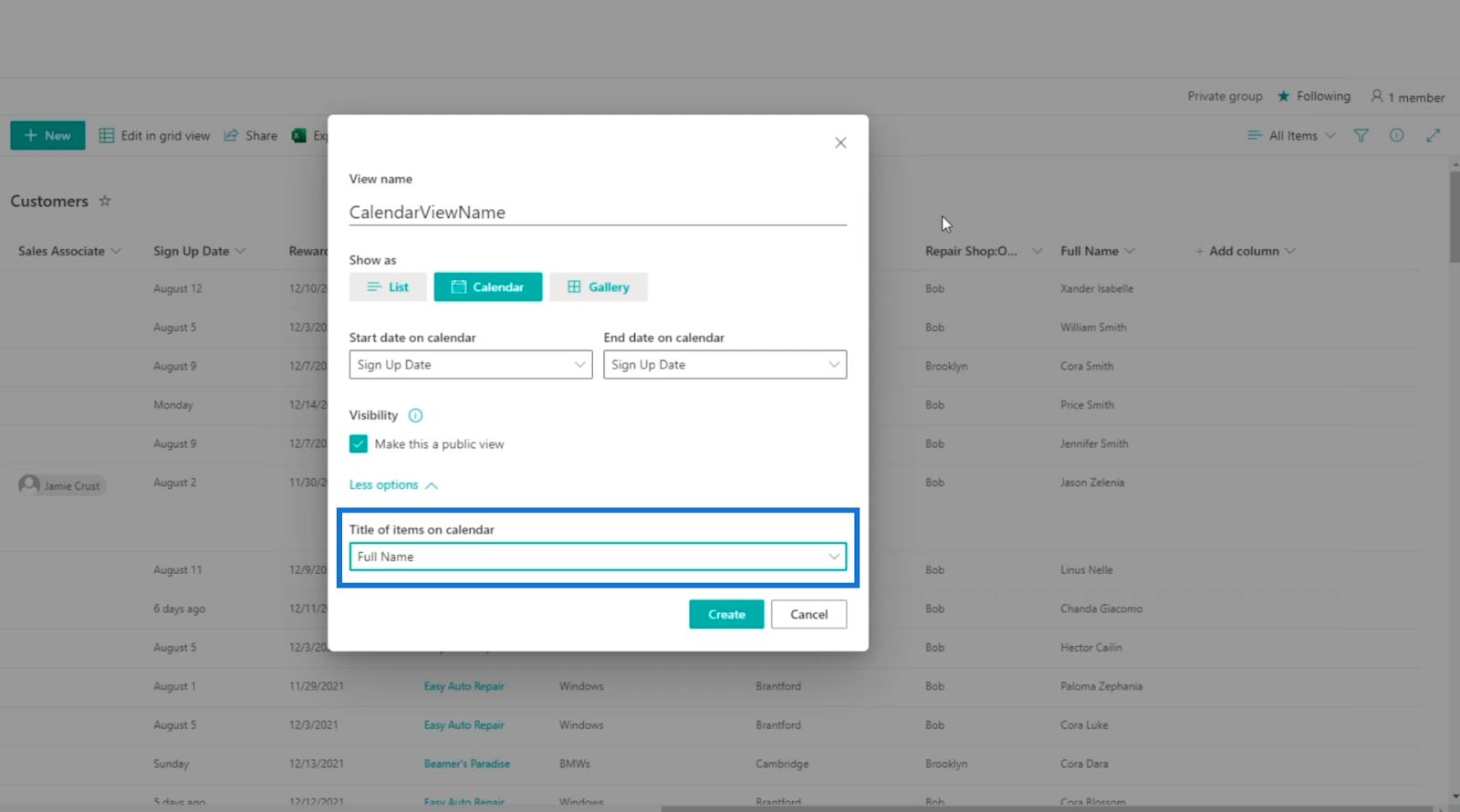 SharePoint リスト カレンダー ビュー