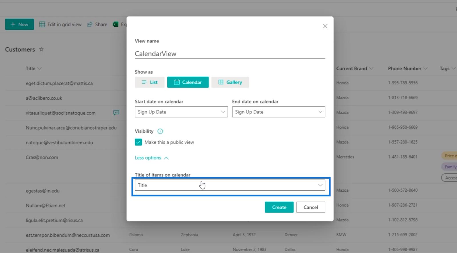SharePoint リスト カレンダー ビュー