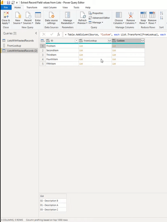 Tutorial do Editor do Power Query: extrair valores de campo de registro de listas