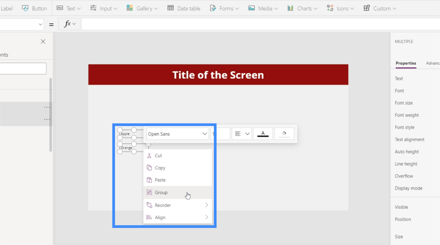 Microsoft Power Apps: 要素をグループ化する