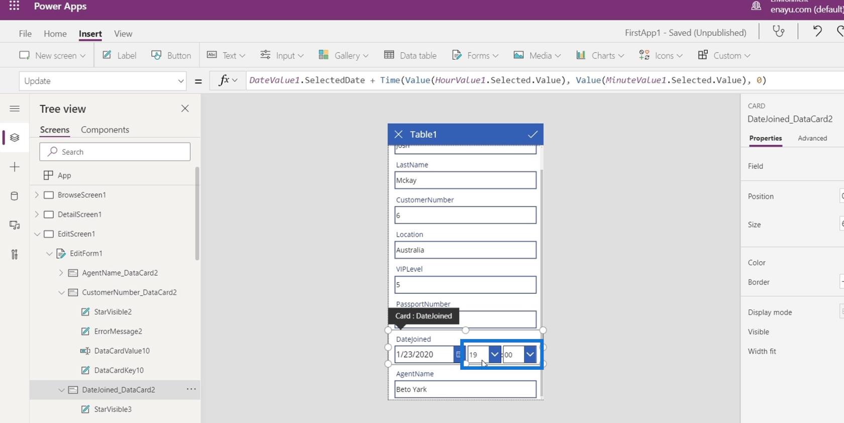 PowerApps 画面: 編集と更新