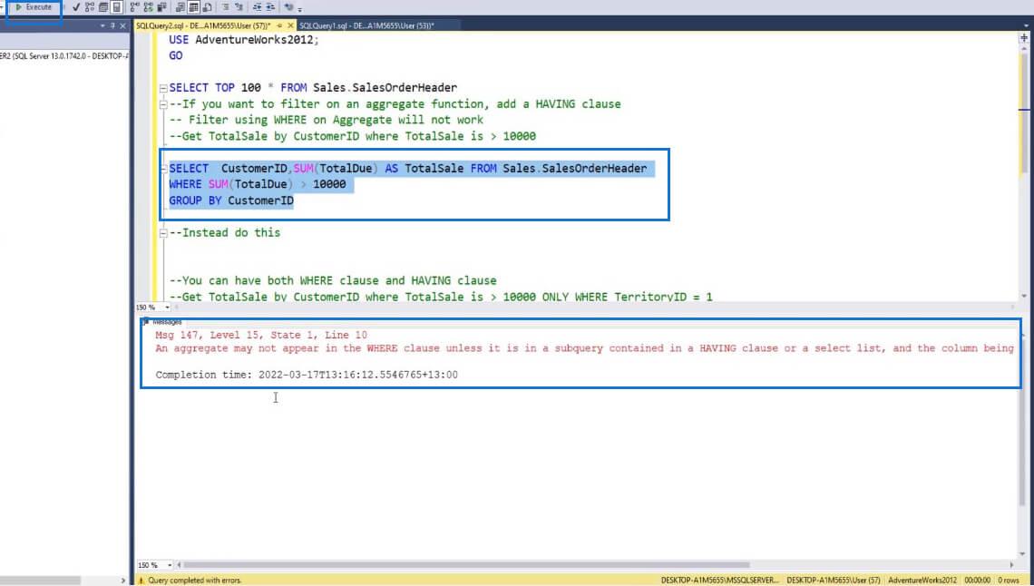 SQL 聚合函數中的 HAVING 子句