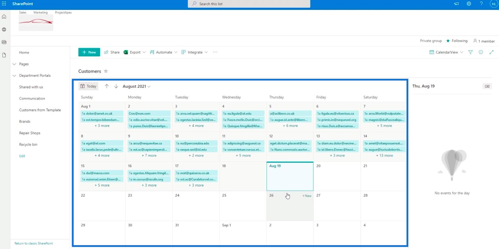 SharePoint リスト カレンダー ビュー