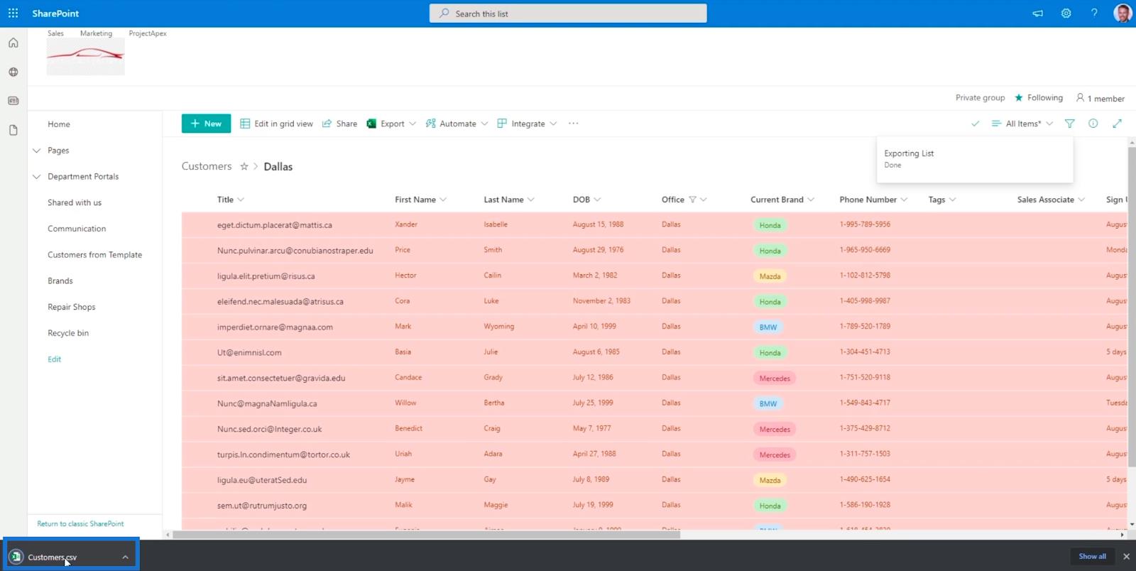 Экспорт списков SharePoint в файл Excel или CSV