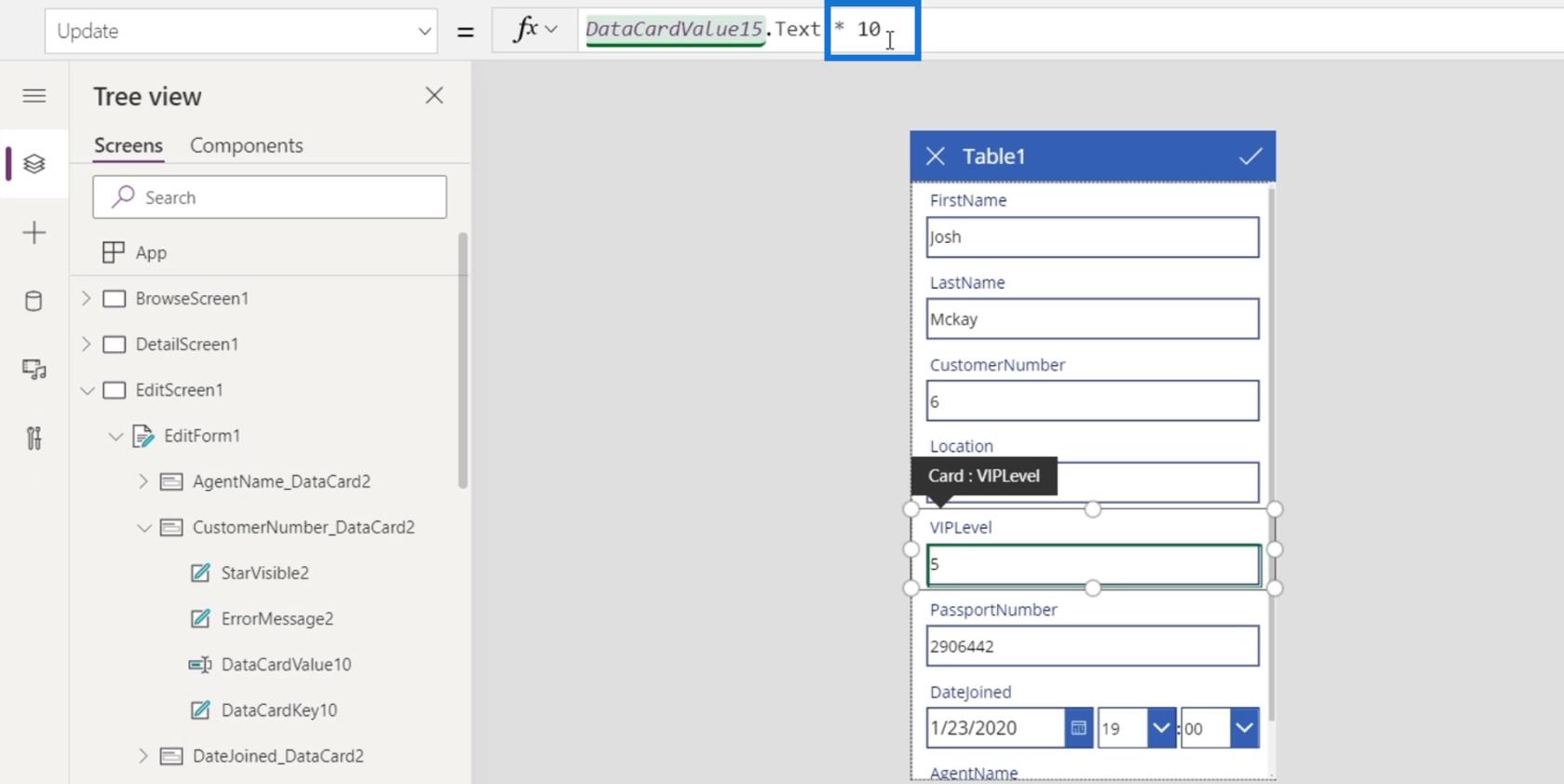PowerApps 画面: 編集と更新