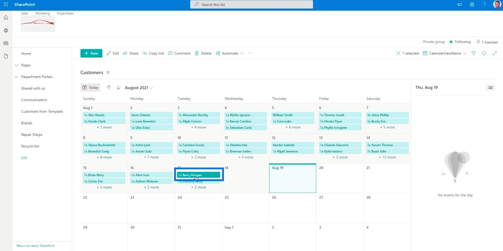 SharePoint リスト カレンダー ビュー