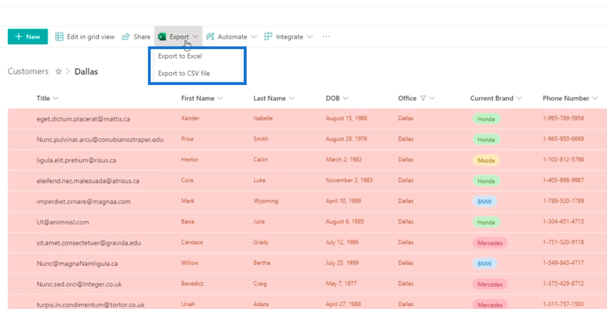 Экспорт списков SharePoint в файл Excel или CSV
