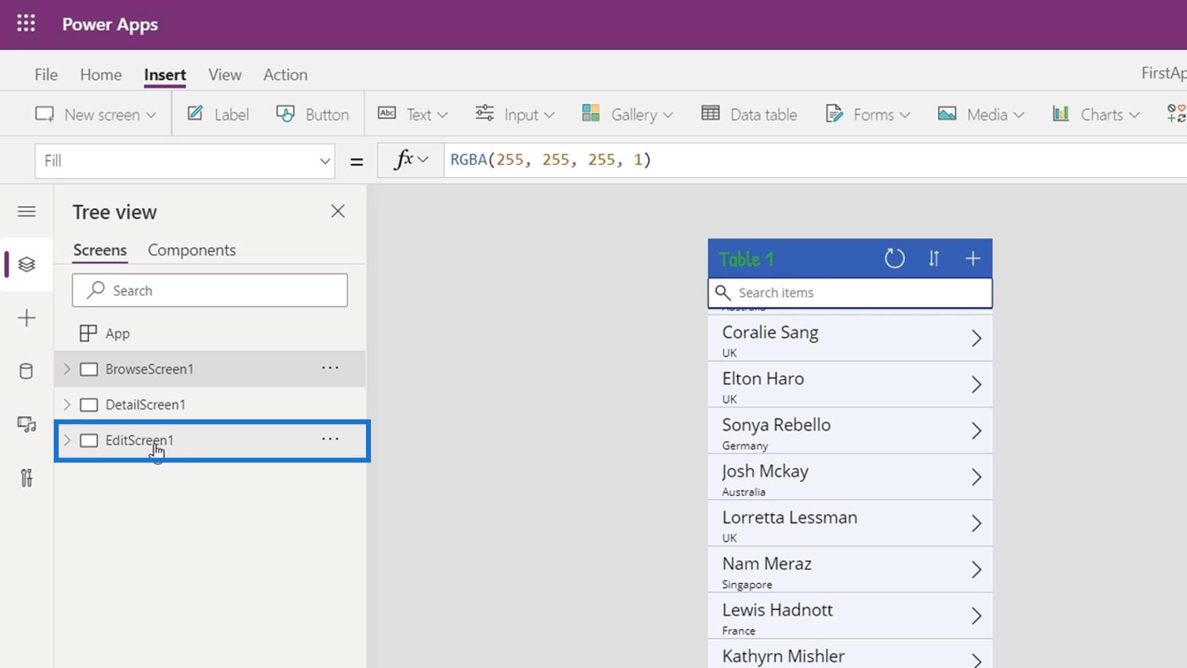 PowerApps 画面: 編集と更新