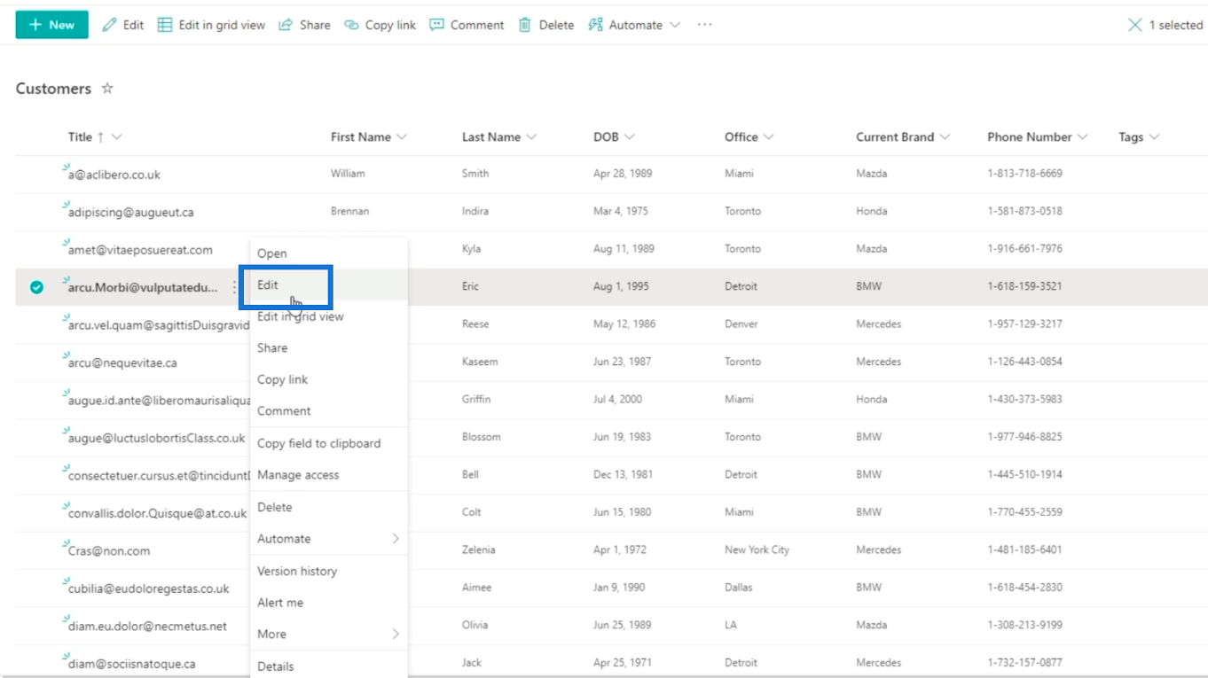 SharePoint リスト アイテム: 単一および複数のアイテムの編集