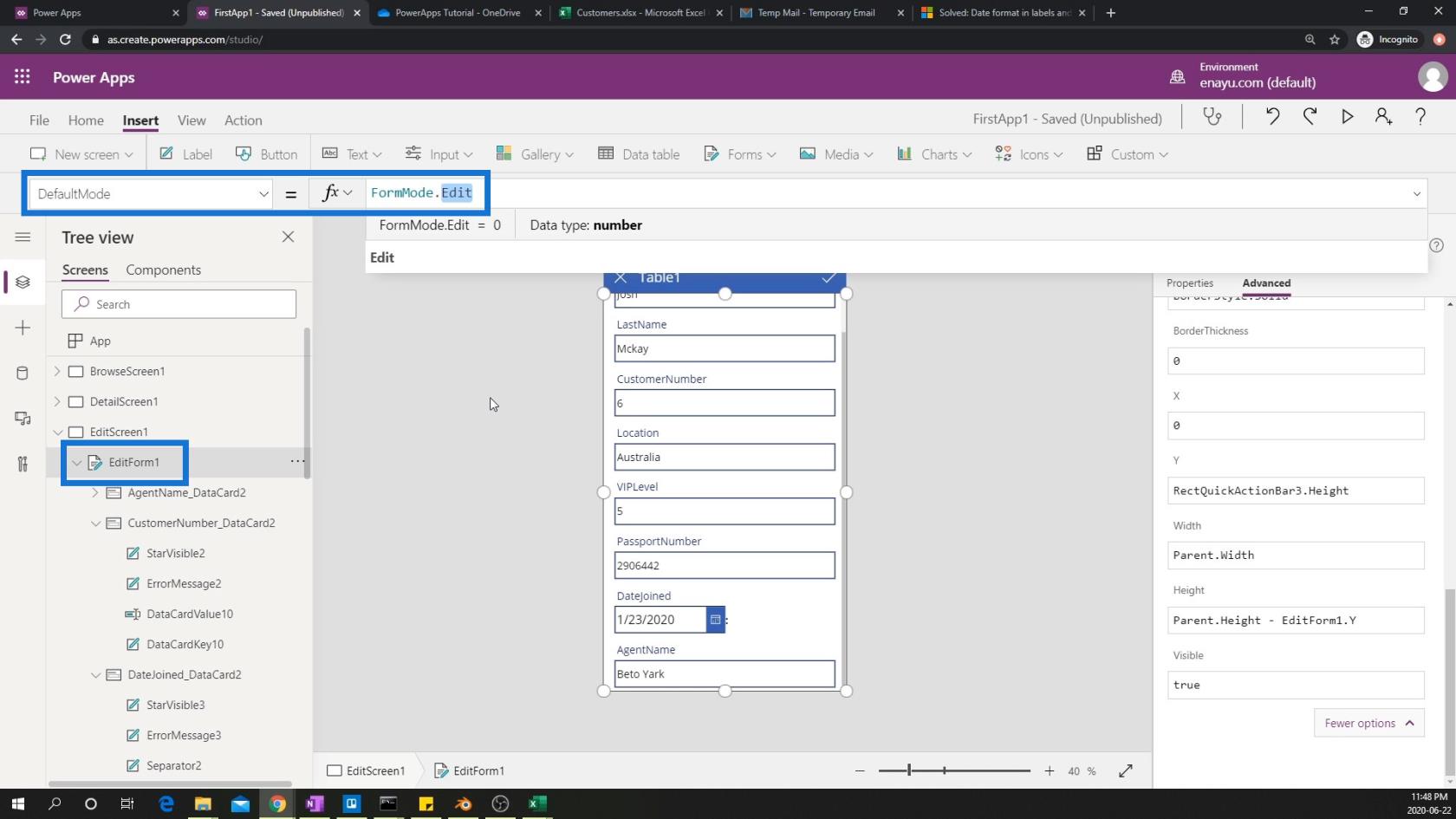 PowerApps 画面: 編集と更新