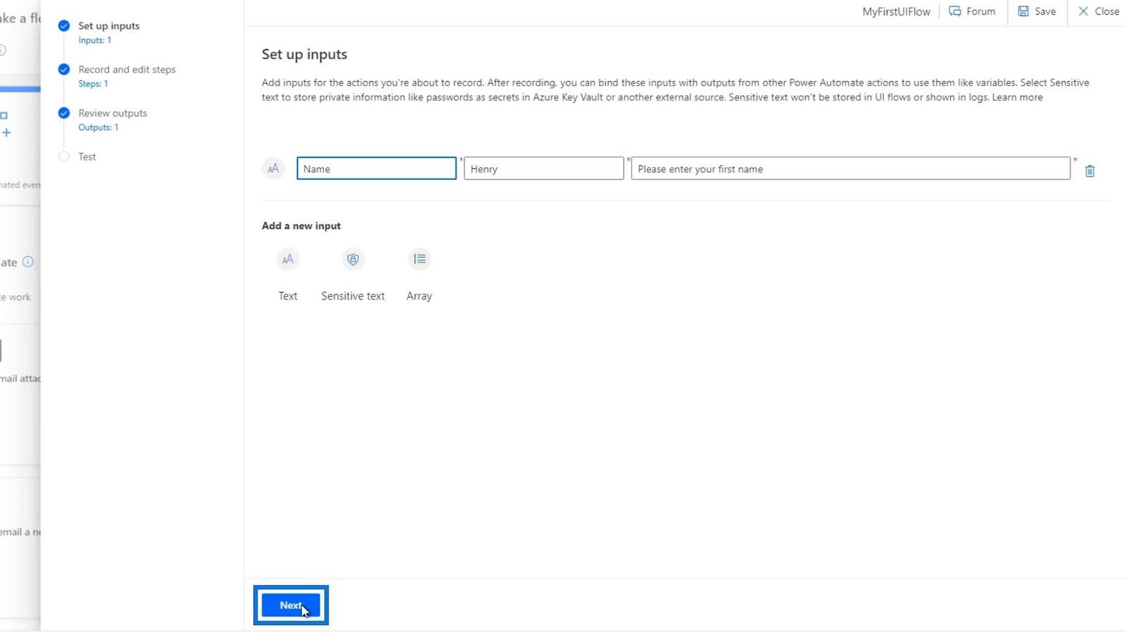 Microsoft Power Automate 中的 UI 流輸入