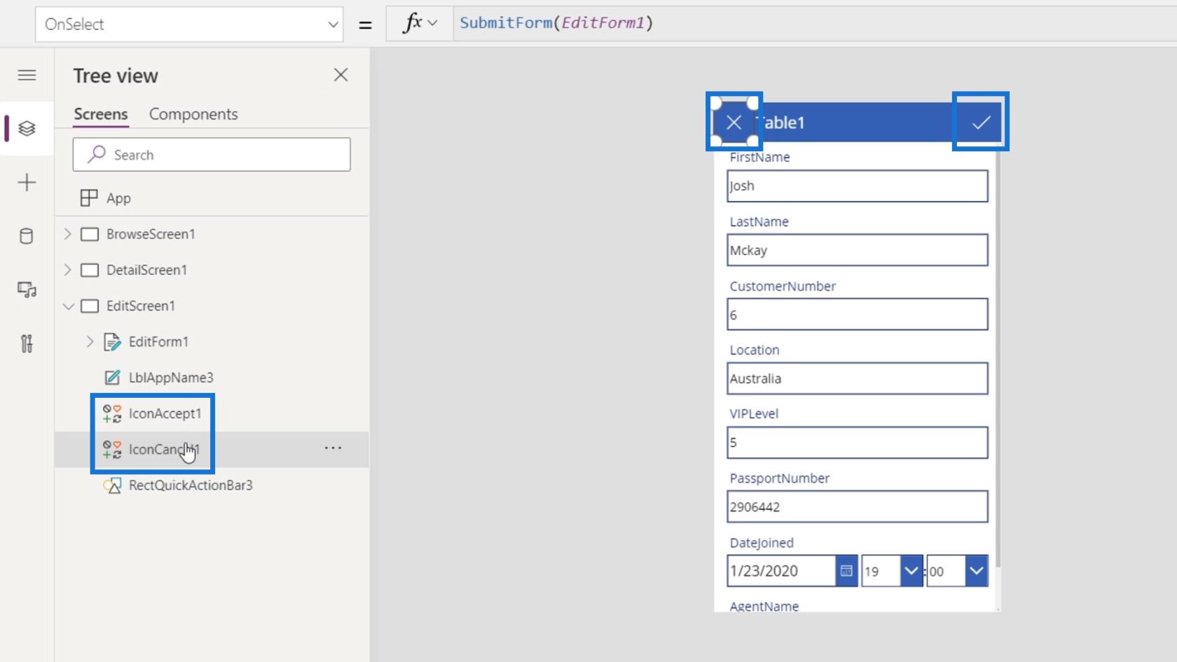 PowerApps 画面: 編集と更新