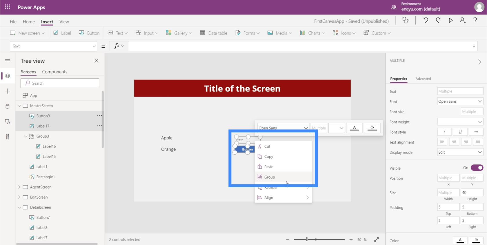 Microsoft Power Apps: 要素をグループ化する