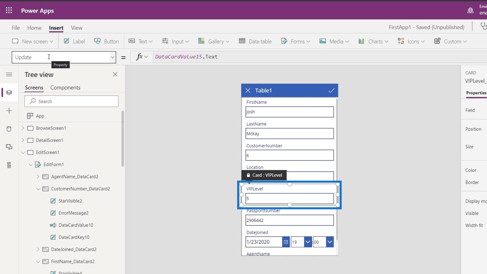 PowerApps 画面: 編集と更新