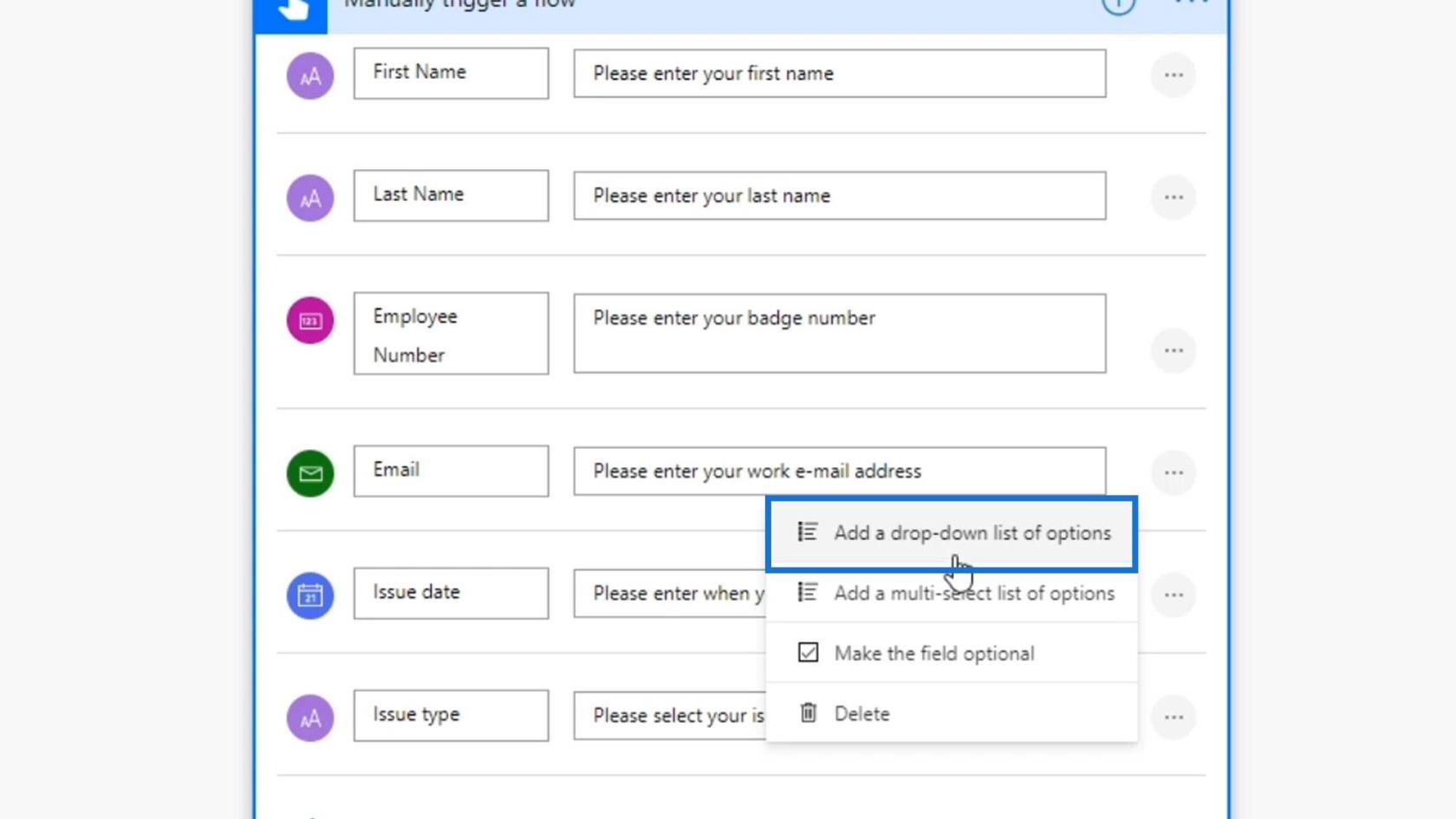 Microsoft Power Automate 中的工作流輸入