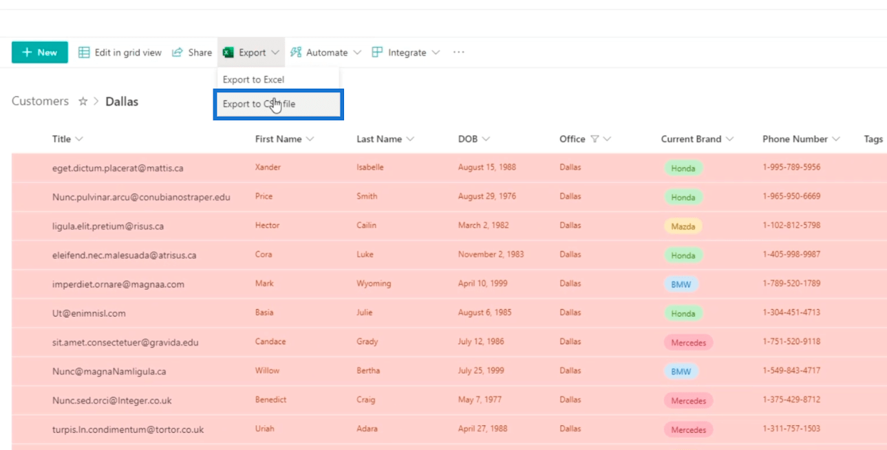 Экспорт списков SharePoint в файл Excel или CSV