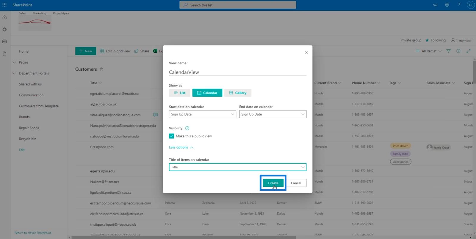 SharePoint リスト カレンダー ビュー