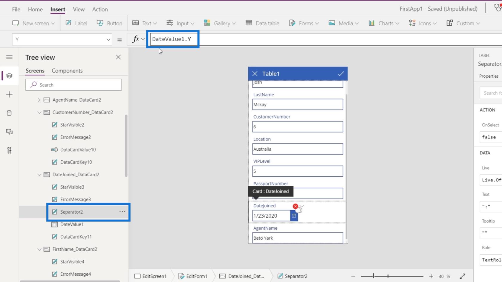 PowerApps 画面: 編集と更新
