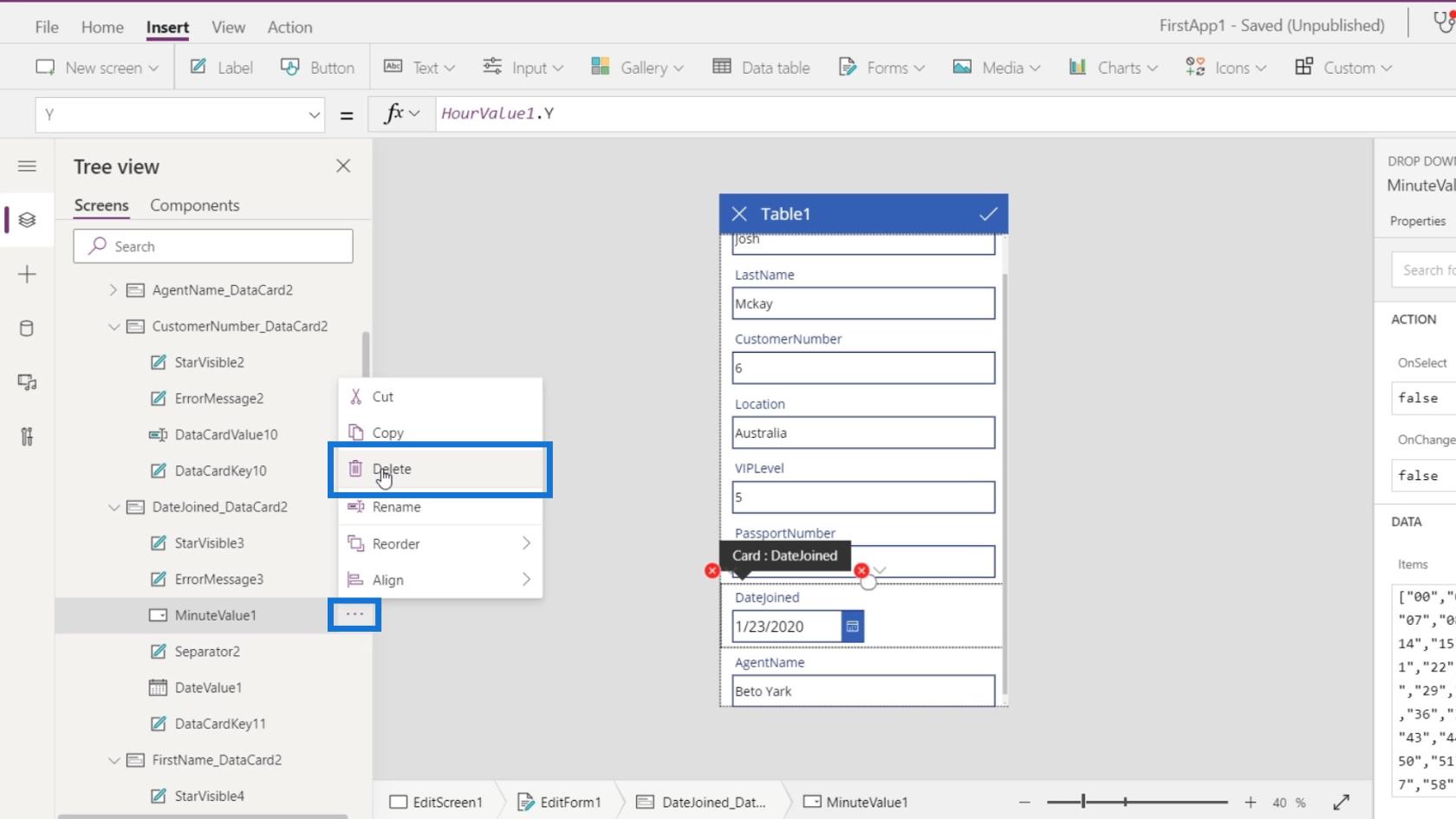 PowerApps 画面: 編集と更新