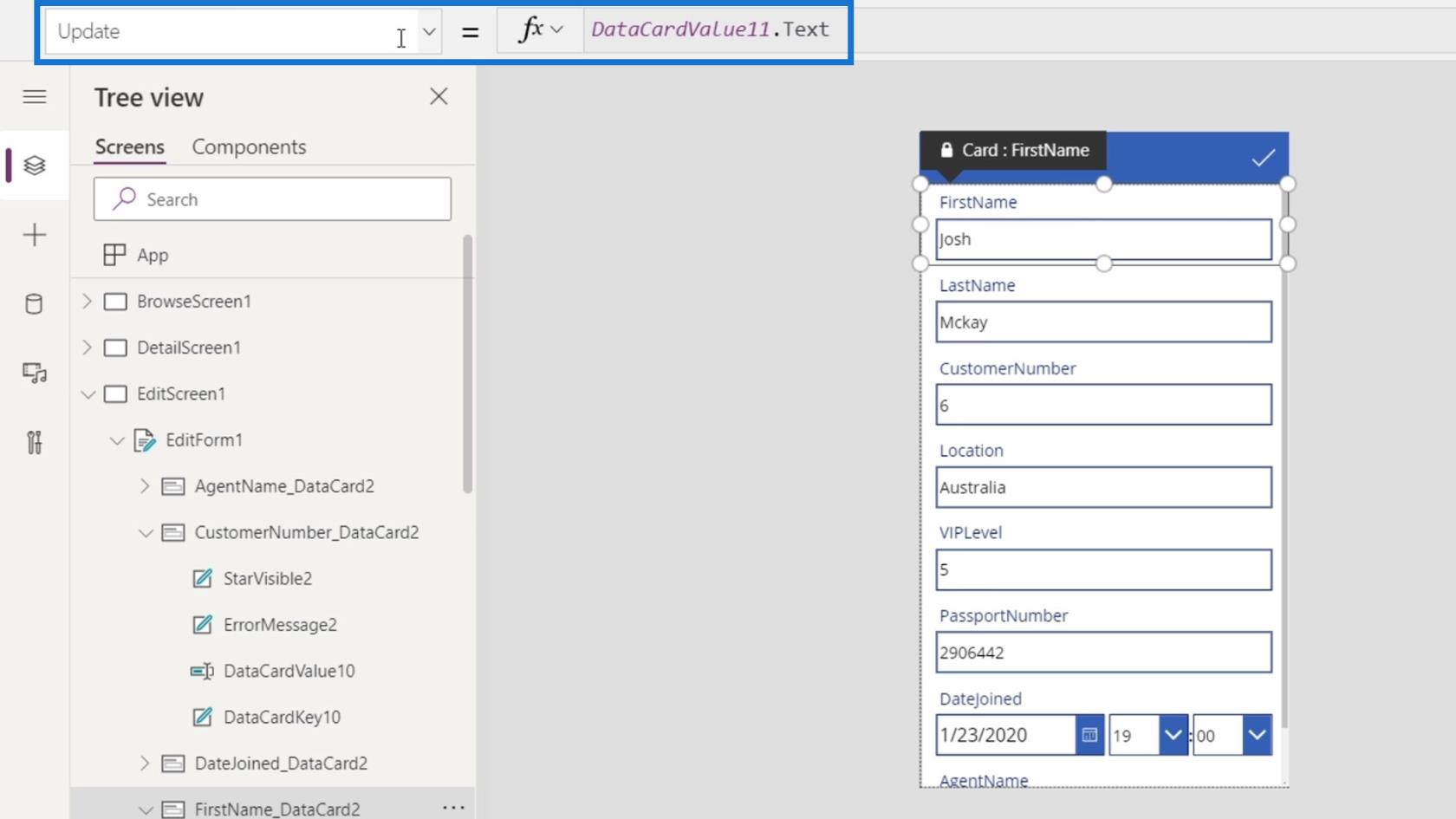 PowerApps 画面: 編集と更新