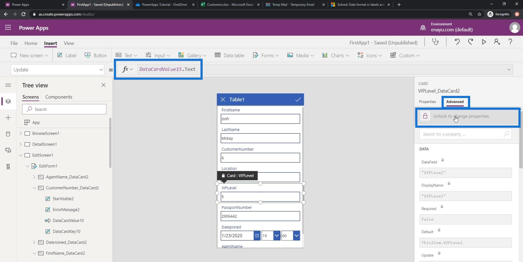 PowerApps 画面: 編集と更新