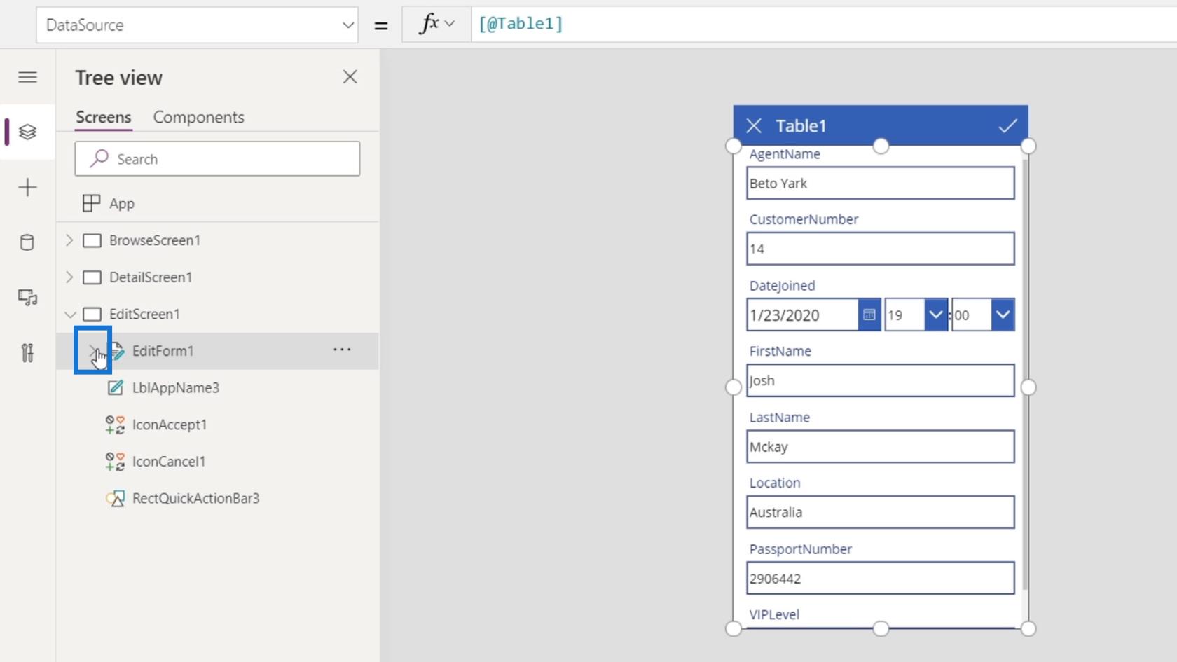 PowerApps 画面: 編集と更新