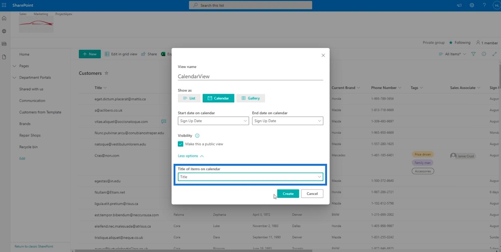 SharePoint リスト カレンダー ビュー