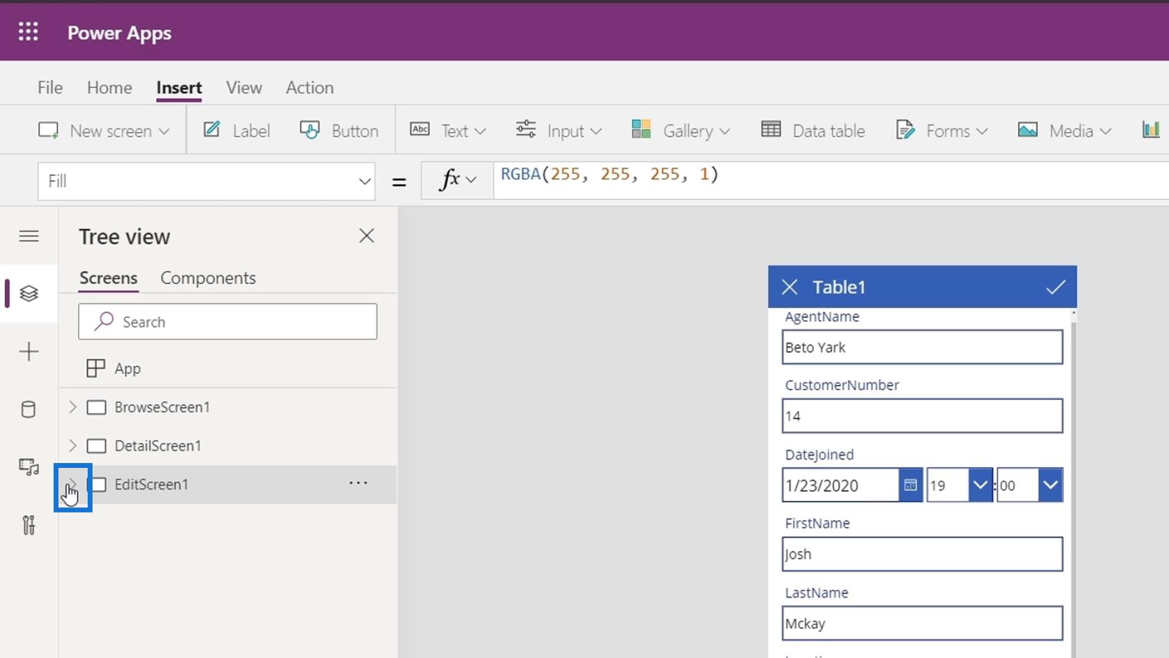 PowerApps 画面: 編集と更新