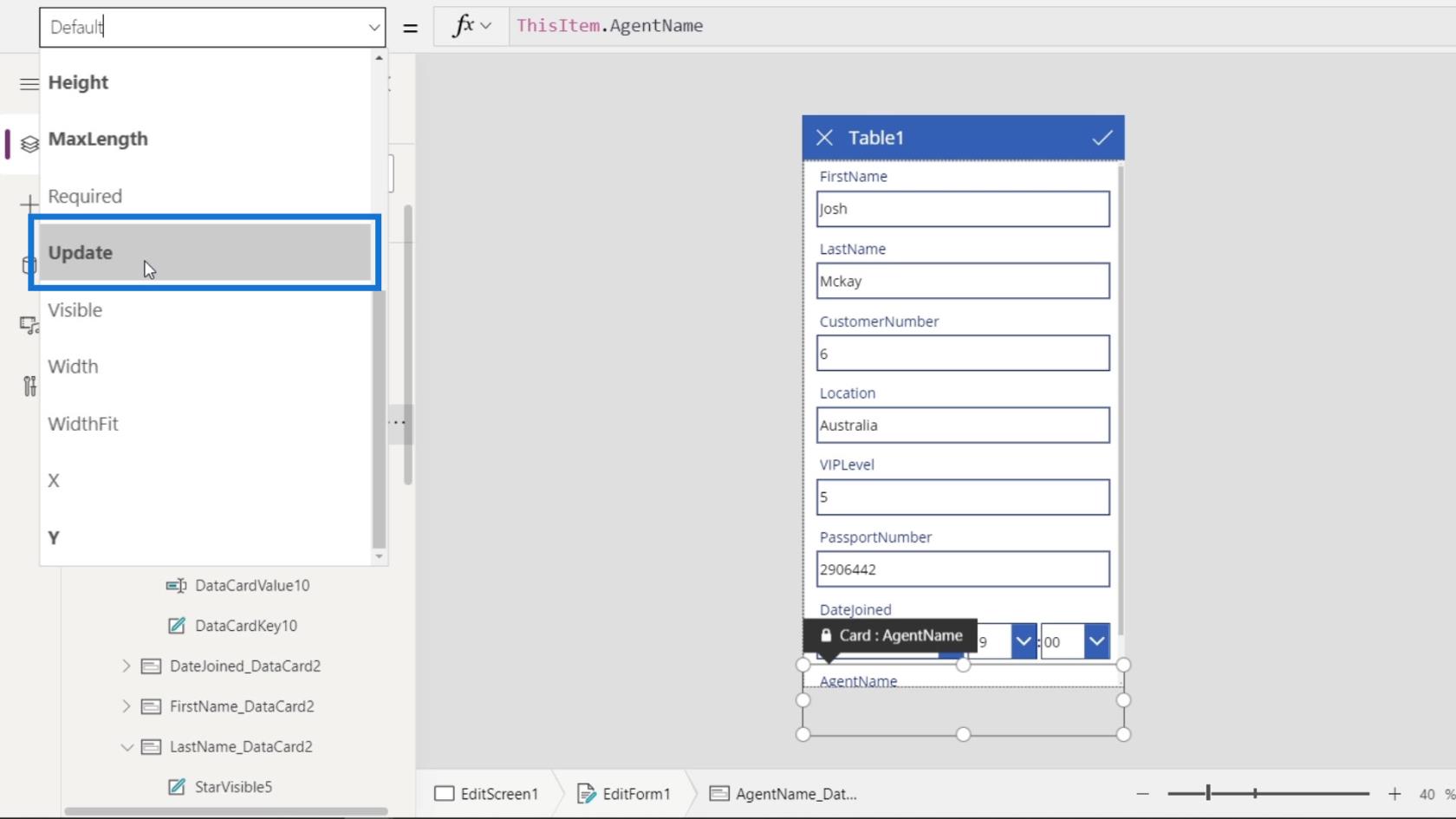 PowerApps 画面: 編集と更新