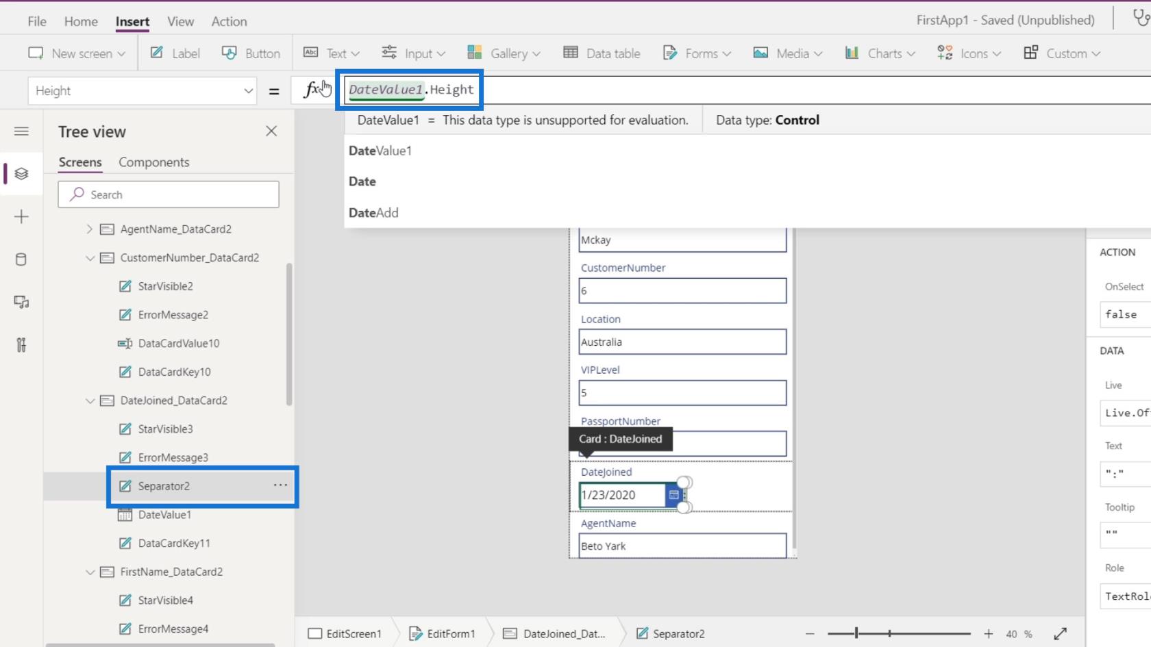 PowerApps 画面: 編集と更新