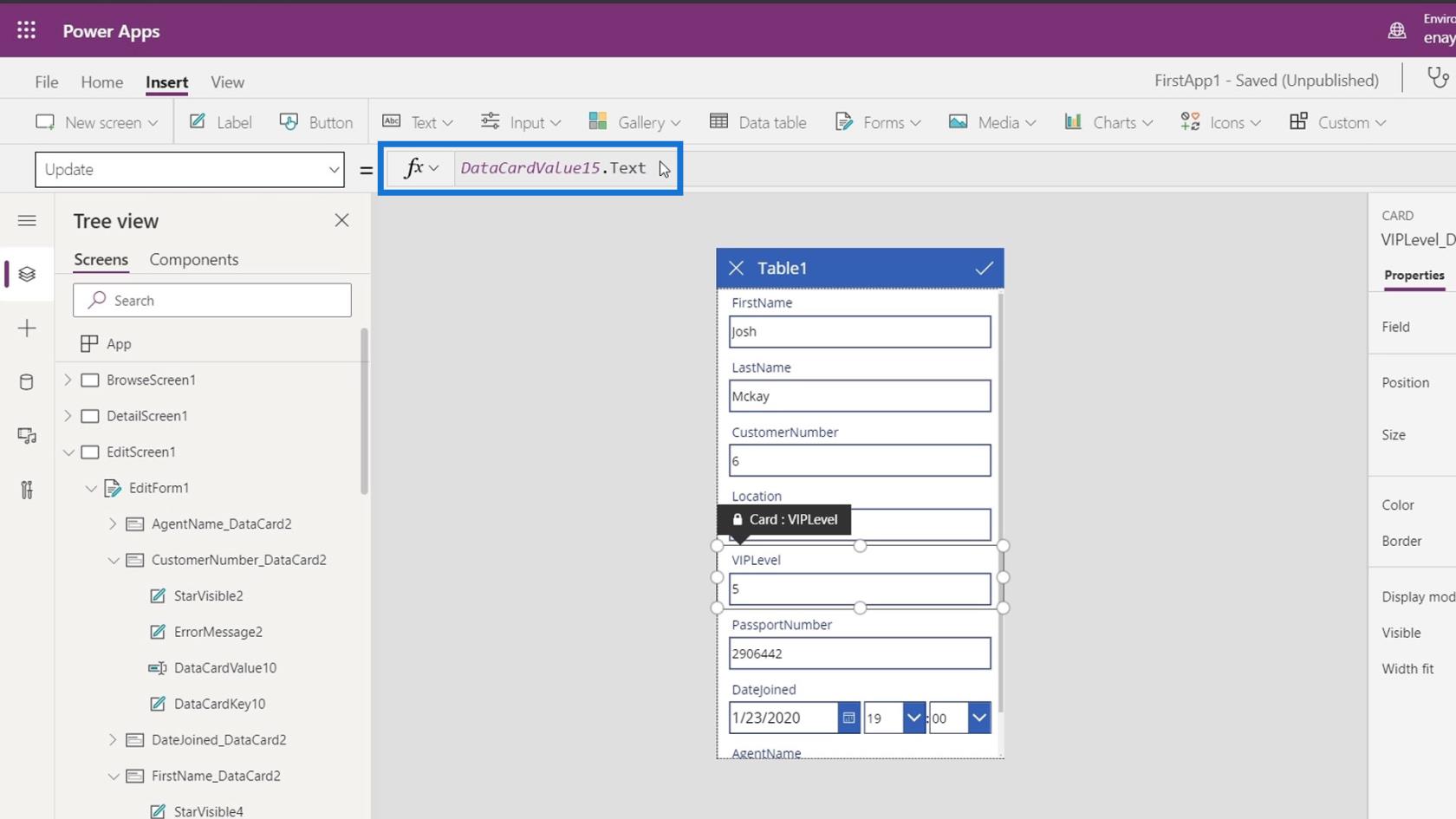 PowerApps 画面: 編集と更新