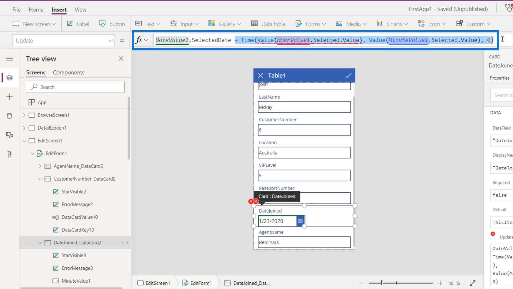 PowerApps 画面: 編集と更新