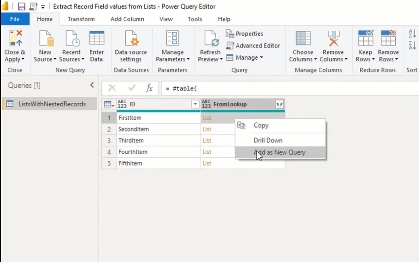 Tutorial do Editor do Power Query: extrair valores de campo de registro de listas