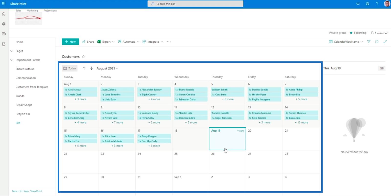 SharePoint リスト カレンダー ビュー