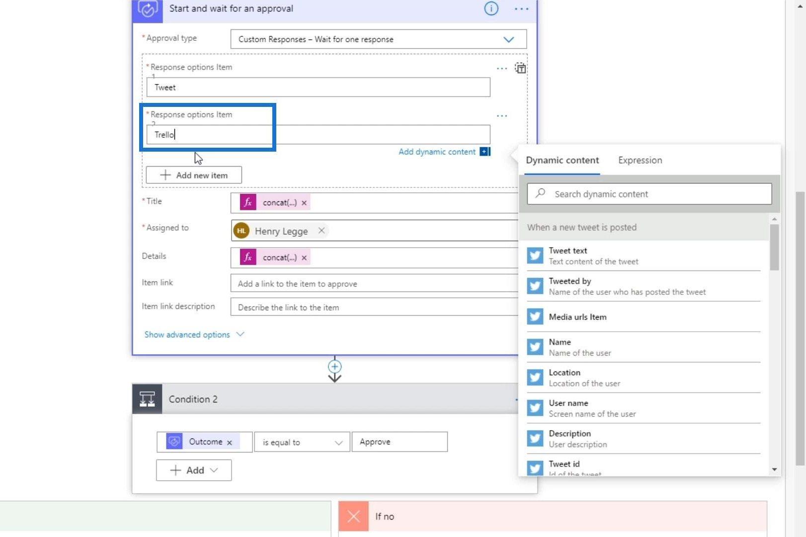 具有多個選項的 Microsoft Flow 批准
