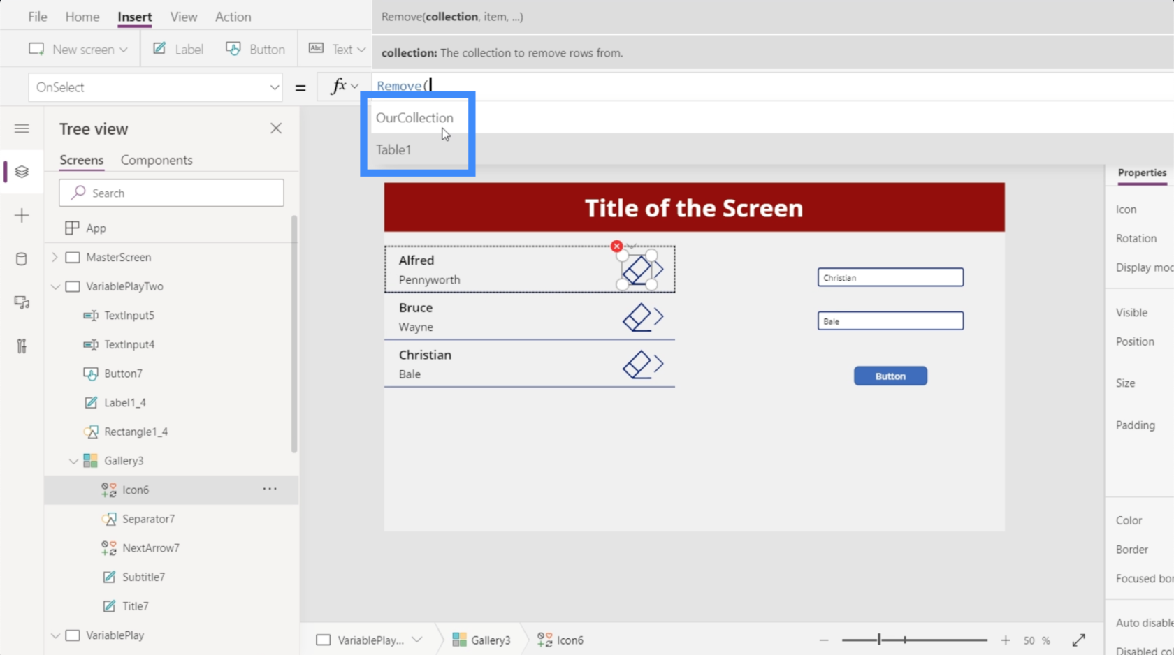 在 Power Apps 上創建變量：使用集合