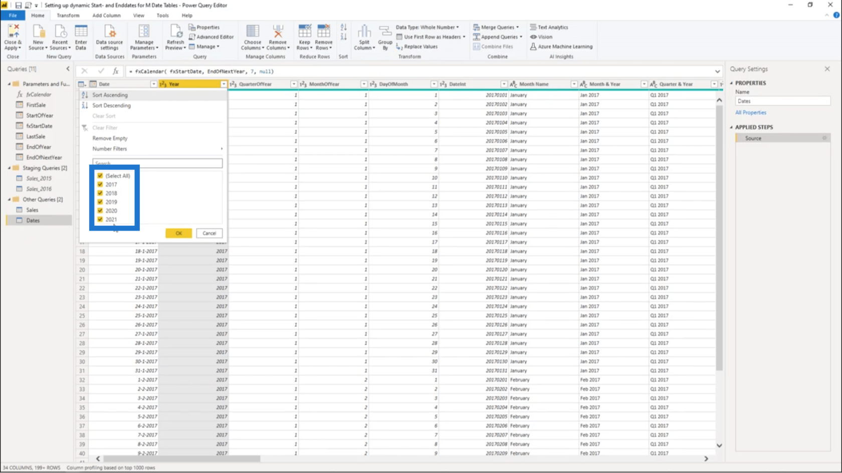 為 Power Query 日期表設置動態 StartDate 和 EndDate